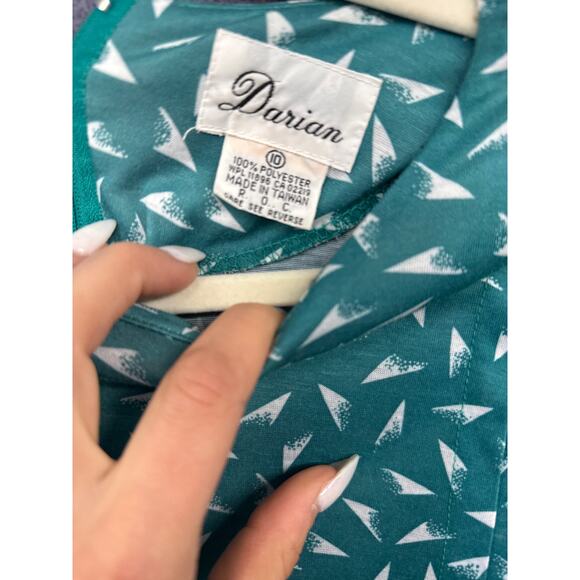 Vintage 80s Darian Women Teal 10 Dress Professional Modest Geometric Quirky - Picture 3 of 6